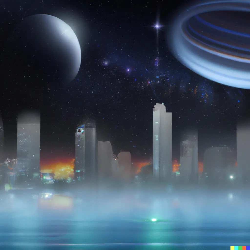  city at night, skyscrapers reflecting in the water and planets visible in the sky