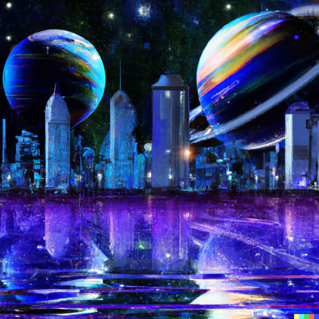 city at night, skyscrapers reflecting in the water and planets visible in the sky
