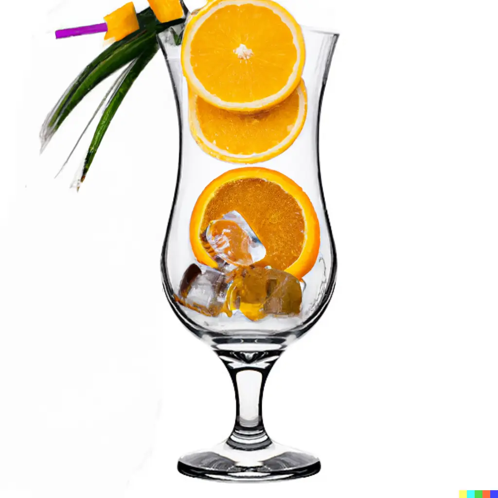  a colorful drink with a palm tree, ice cubes and an orange