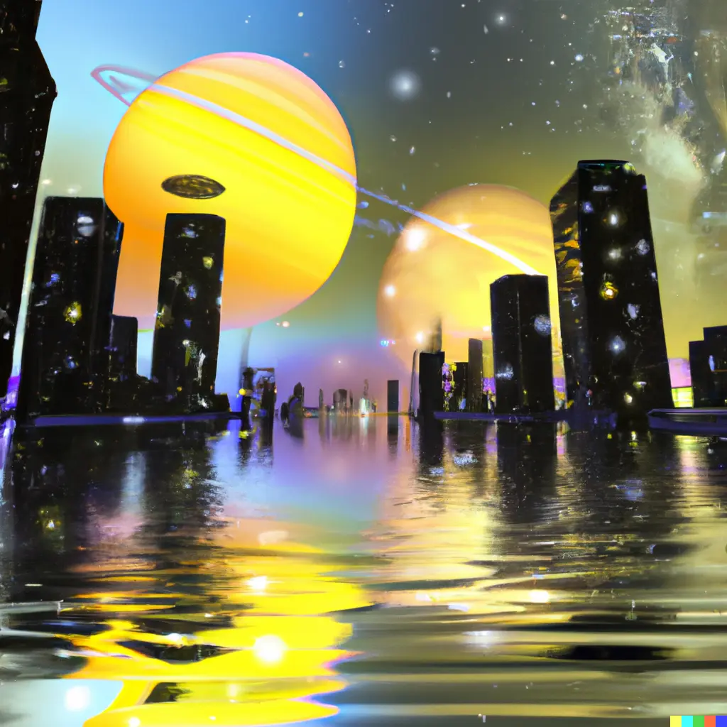  city at night, skyscrapers reflecting in the water and planets visible in the sky