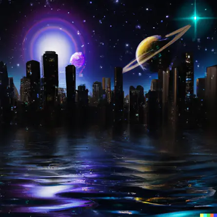 DALL·E -445 city at night, skyscrapers reflecting in the water and planets visible in the sky